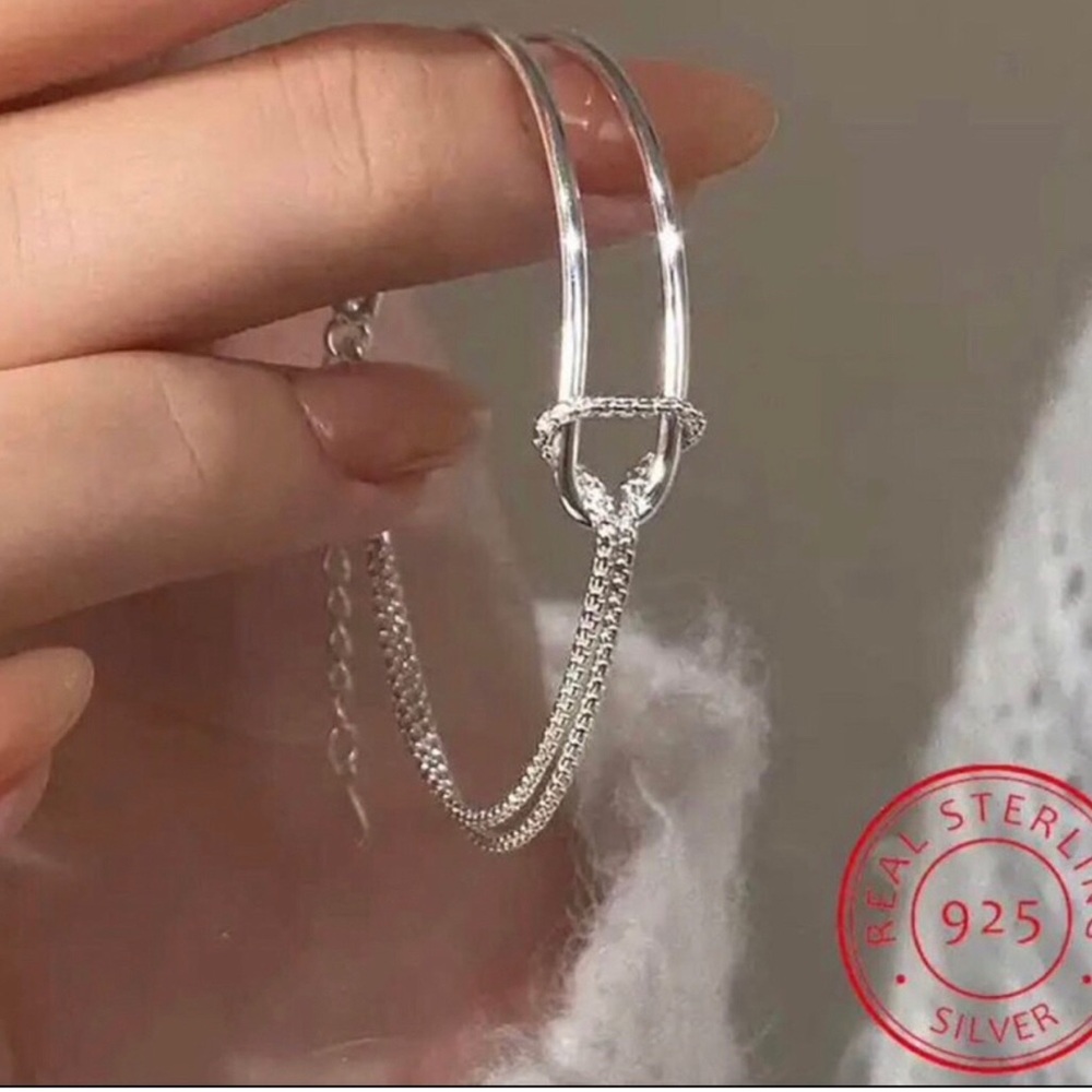 Sterling Silver Double-Band Bracelet with Chain Accent
